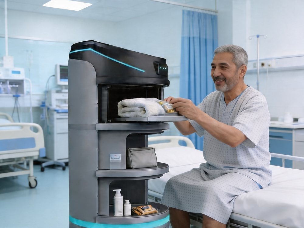 A patient taking a towel from the AAMR autonomous delivery robot at the bedside